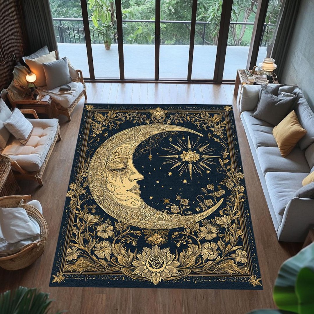 Celestial Rugs Vintage Crescent Moon Rug, Celestial Star Design, Washable Carpet - Etsy