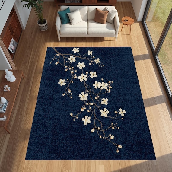 Cherry Blossom Area Rug, Blue Floral Carpet, Sakura Branch Bedroom Decor, Japanese Botanical Living Room Home Interior Accent Decor