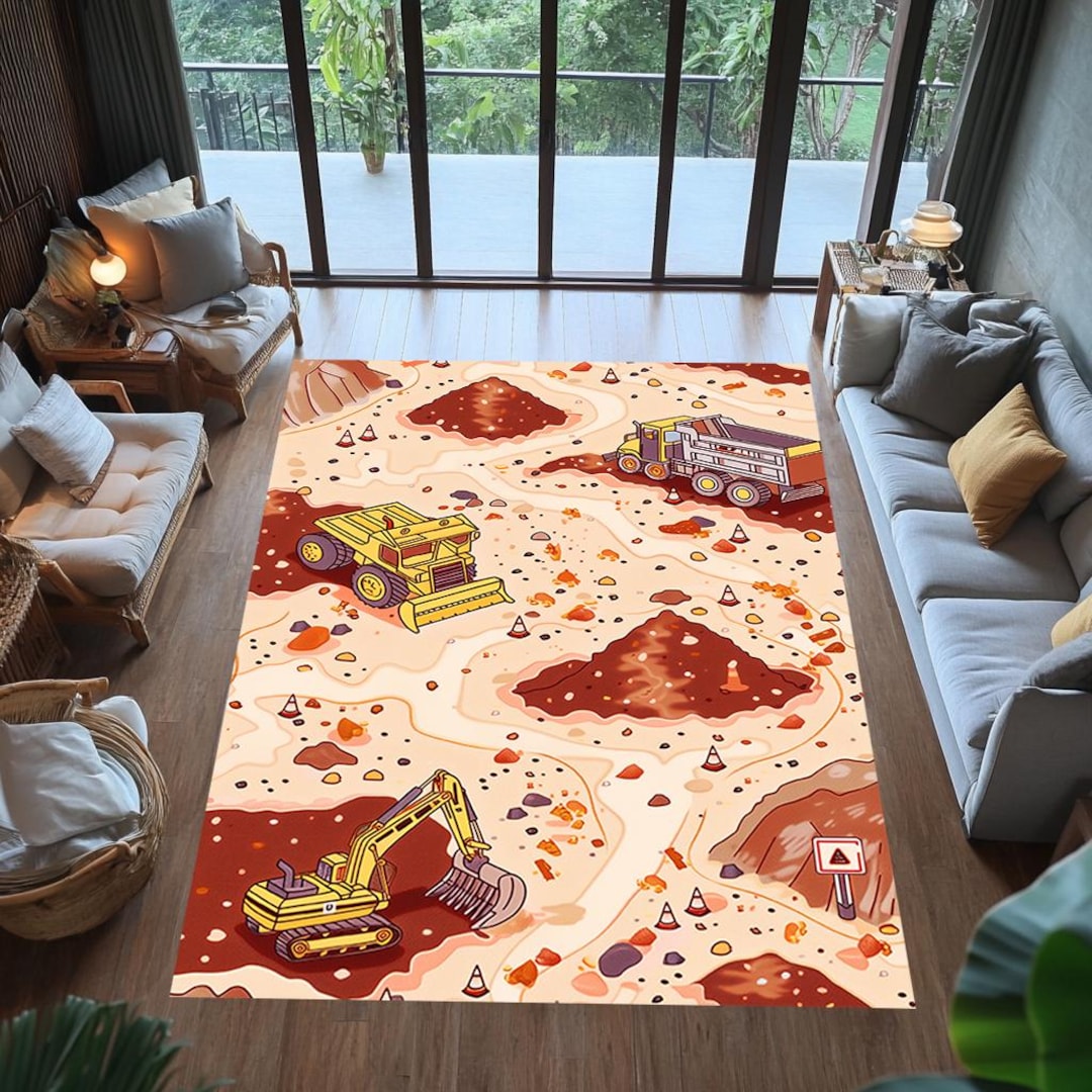 Construction Truck Rug: Washable Kids Play Mat - Excavator & Bulldozer ...