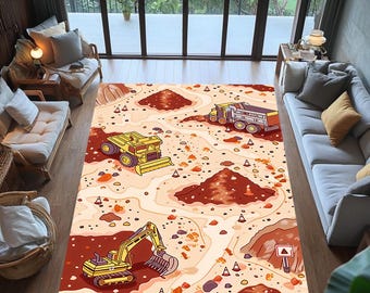 Construction Truck Rug: Washable Kids Play Mat - Excavator & Bulldozer