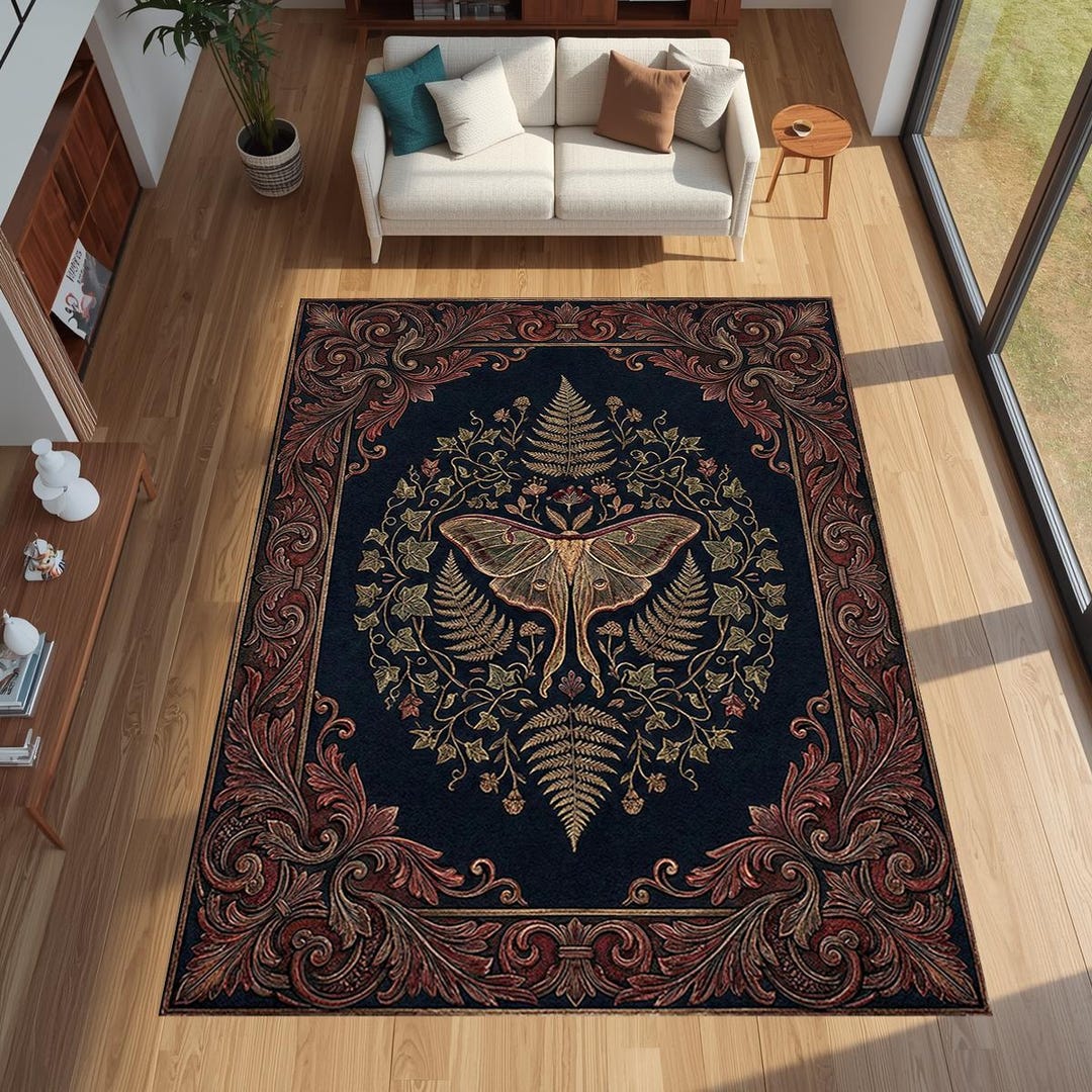 Moth Area Rug Vintage Luna Moth Area Rug With Fern Botanical Pattern, Dark Academia ...