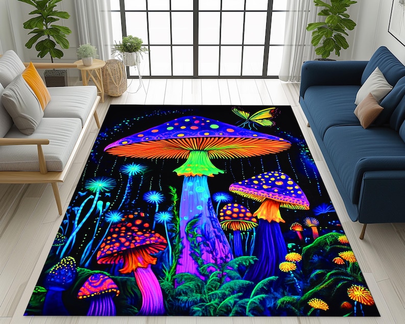 Dywan z psychodelicznym grzybem: neonowy, psychodeliczny wystrój boho zdjęcie 4
