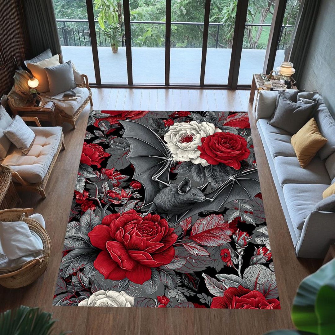 Vampire Rug Textures Gothic Bat & Rose Rug: Dark Vampire Floral Carpet, Witchy Decor - Etsy