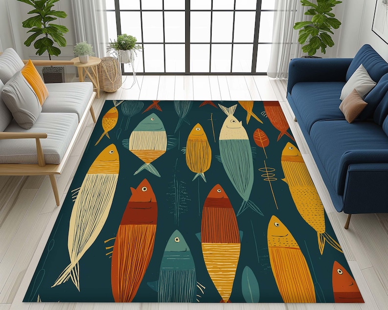 Outdoor Fish Rug Patterns Colorful Fish Rug: Ocean Theme Kids Playroom Coastal Decor - Etsy