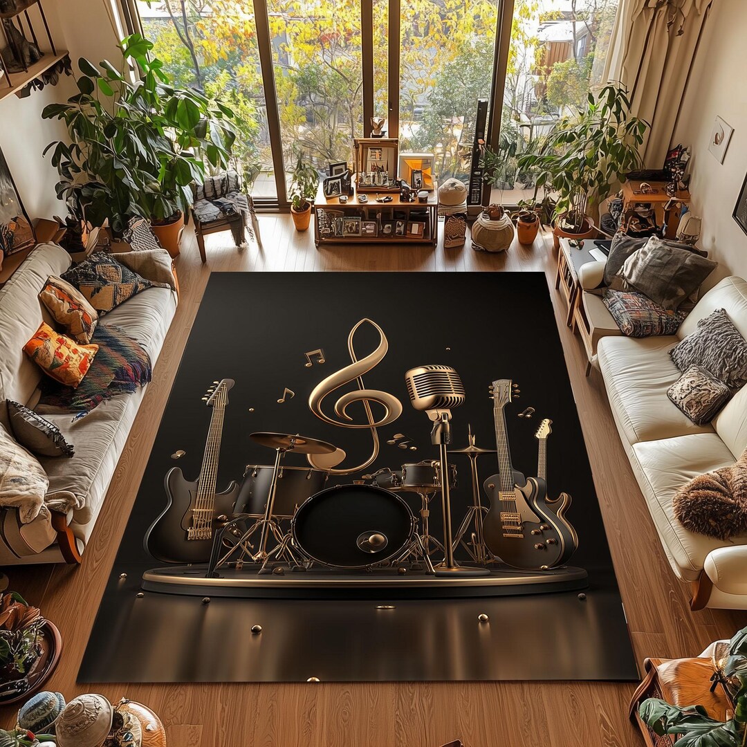 Musical Instrument Rug Rock and Roll Music Rug: Golden Instrument Art, Non-slip, Washable - Etsy