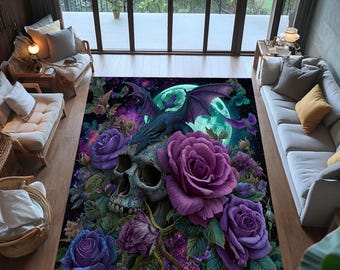 Alfombra gótica con calavera de dragón: fantasía morada, rosas y luna - Decoración gótica lavable
