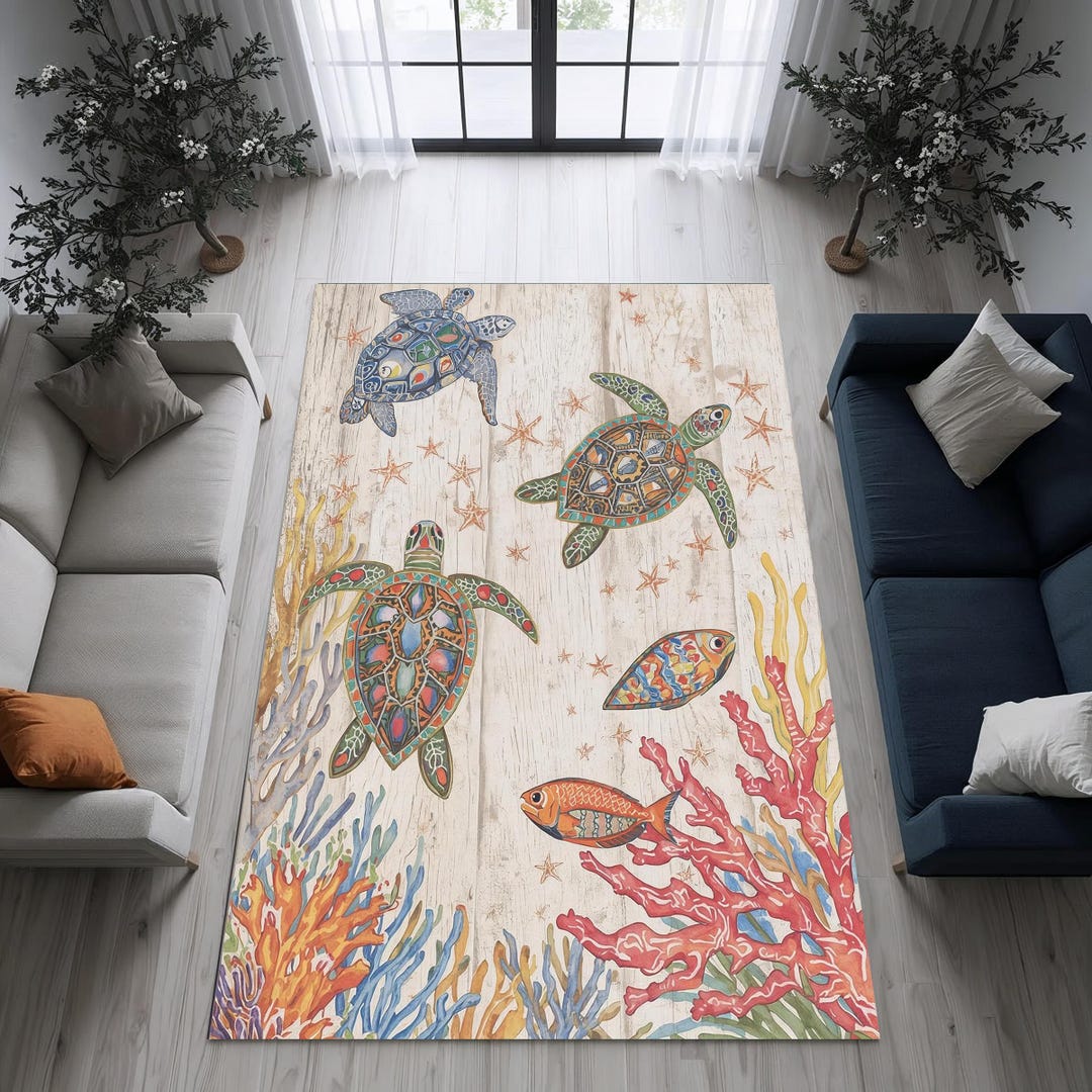 Turtle Rug Cream Coastal Sea Turtle Area Rug, Beach House Nautical Carpet, Ocean ...