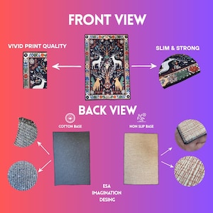 May include: A rectangular rug with a detailed design featuring deer, trees, and floral elements. The front view showcases vivid print quality, while the back view highlights a cotton base and non-slip features. The rug is described as slim and strong.