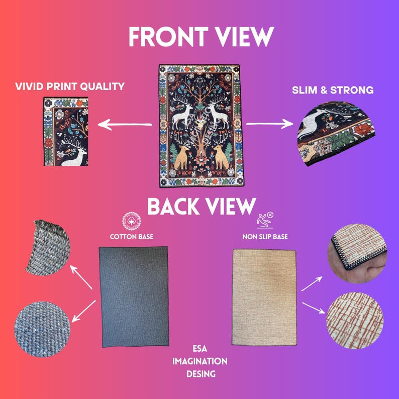 May include: A rectangular rug with a detailed design featuring deer, trees, and floral elements. The front view showcases vivid print quality, while the back view highlights a cotton base and non-slip features. The rug is described as slim and strong.