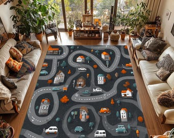 Kids Car Play Rug: Washable, Non-Slip Road Map Carpet