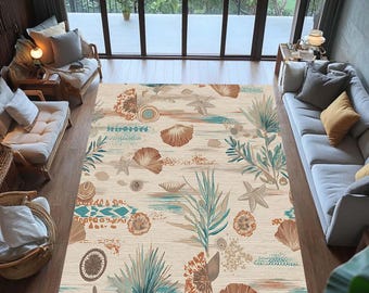 Alfombra de playa costera: estampado de conchas, estrellas de mar y corales