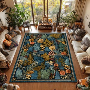Botanical Forest Area Rug Dark Cottagecore Folklore Decor Ethereal Fairycore Autumn Leaf Pattern Fall Living Room Rug Elegant Cabin Decor