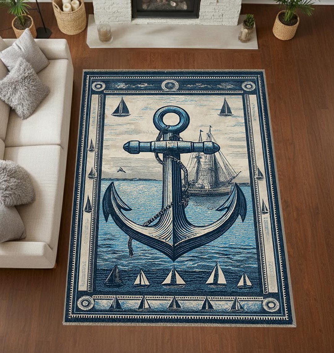 Nautical Anchor Rug – Ocean-inspired Carpet With Sailing Boats ...