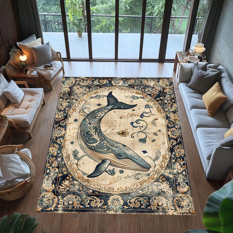 May include: A rectangular area rug featuring a whale design. The whale is depicted in shades of blue with ornate patterns, set against a beige background. The rug has a dark blue border with floral motifs, suitable for living rooms.