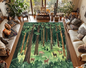 Woodland Forest Rug: Cottagecore Deer Play Mat, Non-Slip Washable Carpet