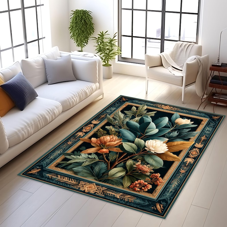 Elegant Botanical Area Rug With Framed Floral Design, Dark Teal Green ...