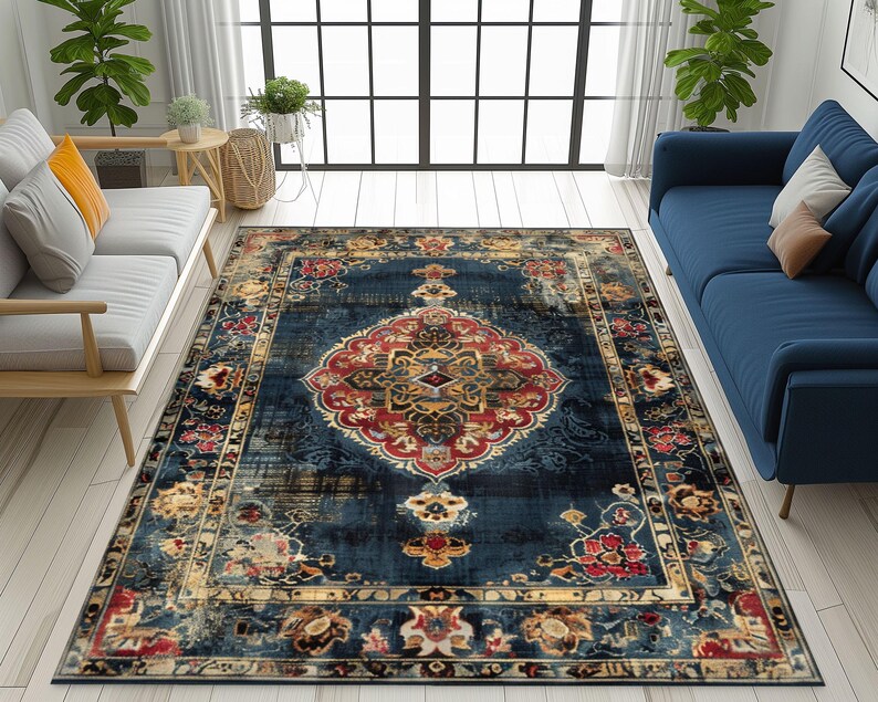 Navy Red Oriental Rug: Vintage Classic Style, Home Decor - Etsy