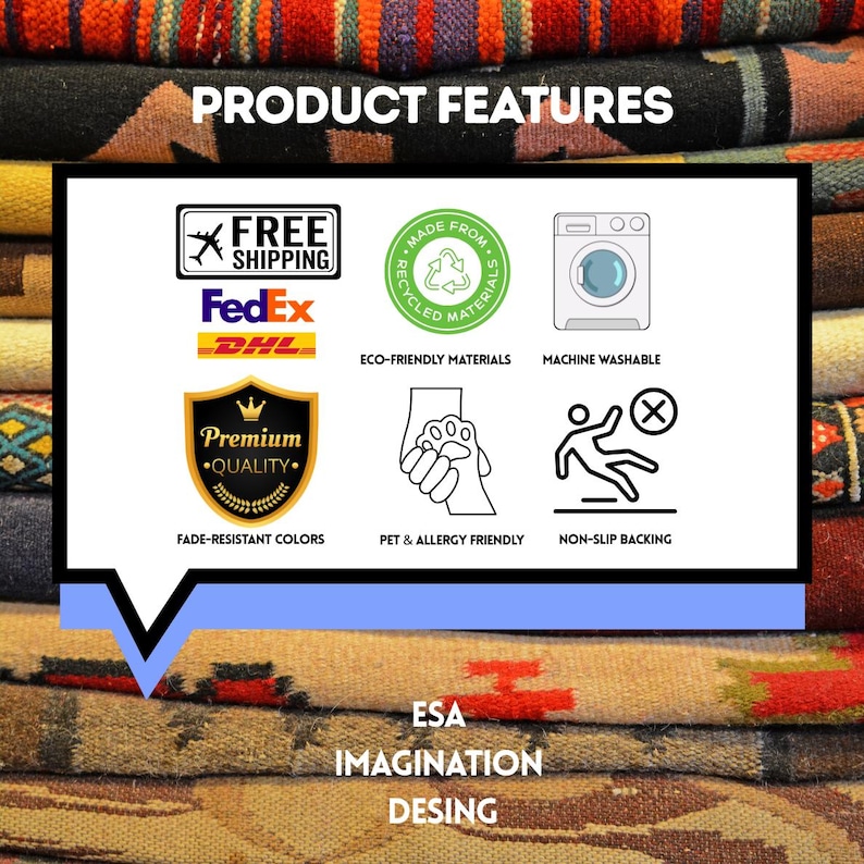 May include: Image showcasing product features, including "Free Shipping," "Made from Recycled Materials," and "Machine Washable." Additional icons highlight fade-resistant colors, pet-friendly design, and non-slip backing. The text "ESA IMAGINATION DESING" is also present.