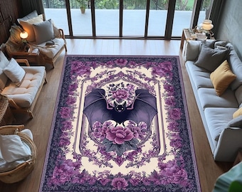 Gothic Bat Rug, Purple Victorian Maximalist Decor, Washable Accent Rug