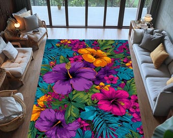 Dywan zmywalny z tropikalnym hibiskusem, dywan w stylu boho hawajsko-kwiatowym