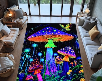 Psychedelic Mushroom Rug: Neon Trippy Boho Decor
