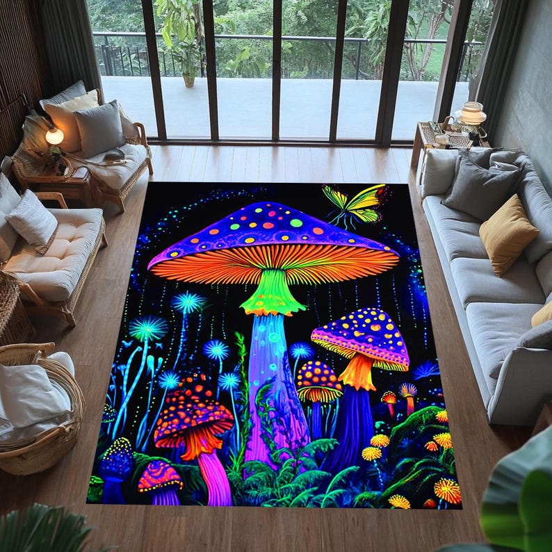 Dywan z psychodelicznym grzybem: neonowy, psychodeliczny wystrój boho zdjęcie 1