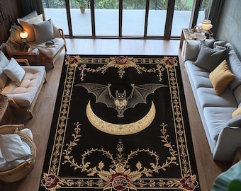 Witchy Gothic Rug, Mystical Night Bat and Moon Carpet, Celestial Spirit Room Accent Decor