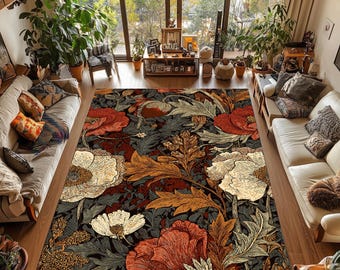 Vintage Floral Washable Area Rug, Rustic Cottagecore Botanical Carpet