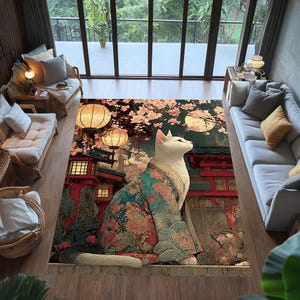 Puede incluir: Una alfombra rectangular decorativa que representa un gato blanco con un kimono floral, sobre un fondo de arquitectura japonesa, linternas y flores de cerezo. La paleta de colores de la alfombra incluye tonos de verde azulado, rosa y rojo.