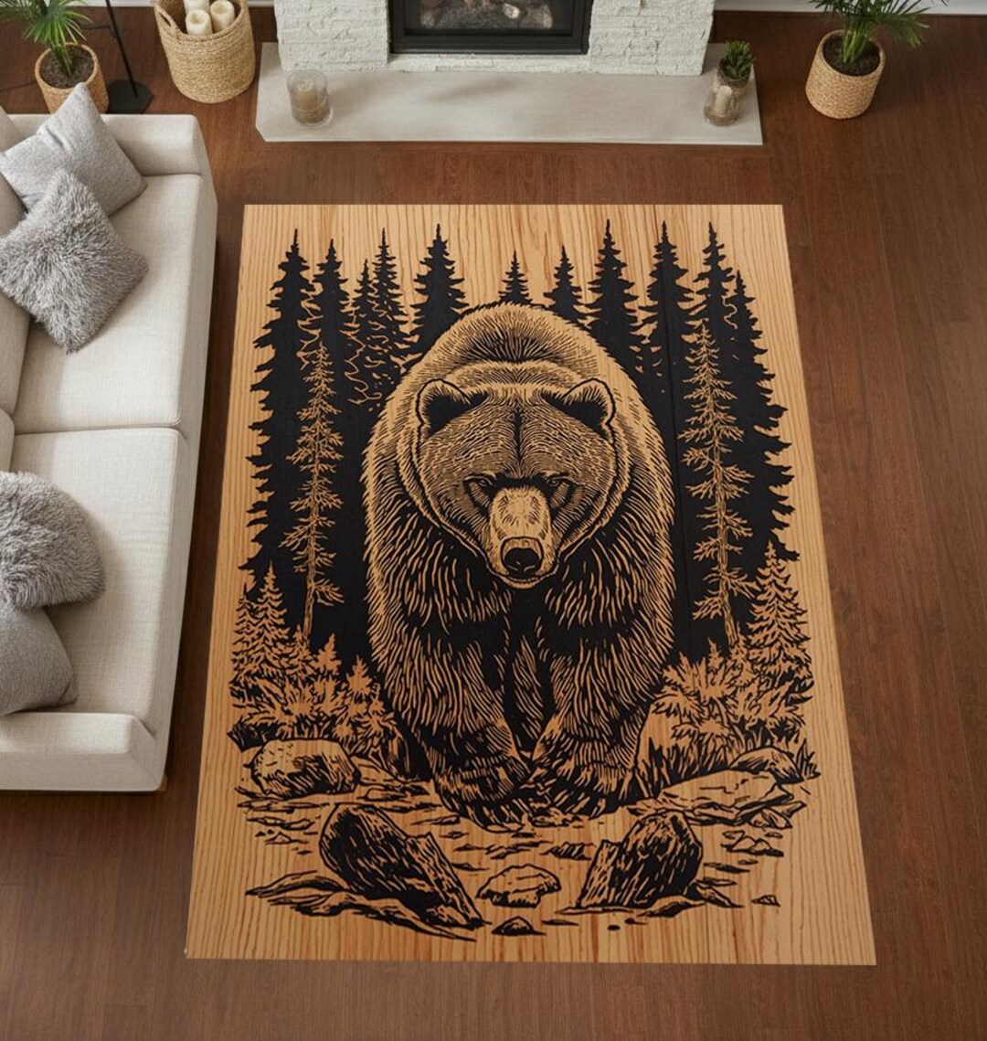 Rustic Bear Rugs Rustic Grizzly Bear Printed Rug Wild Forest Scene Lodge Cabin Decor ...