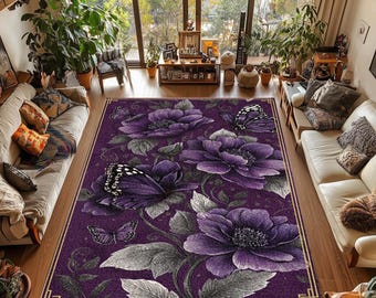 Gothic Floral Butterfly Rug: Romantic Purple Cottagecore Decor