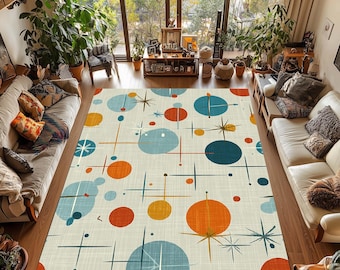 Dywan Atomic Starburst w stylu Mid-Century Modern: Kolorowy dywan w stylu retro