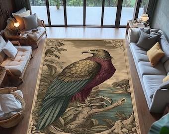Dywan z orłem w stylu vintage, dywan z ilustracją antycznego ptaka, wystrój w stylu wiktoriańskim z motywem dzikiej przyrody, dywan podłogowy w stylu retro, akcent ornitologiczny w domu