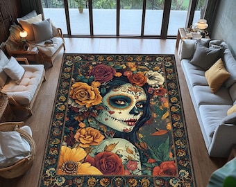 Sugar Skull Rug, Washable Non Slip Area Rug, Day of the Dead Floor Art, Gothic Boho Carpet for Living Room and Bedroom Decor