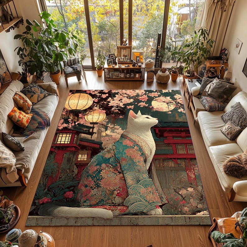 Puede incluir: Una alfombra grande con un gato blanco con un kimono floral, sobre un fondo de arquitectura japonesa, flores de cerezo y luna llena. El dise&ntilde;o de la alfombra incorpora linternas y un paisaje detallado, creando un ambiente sereno y art&iacute;stico.