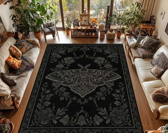 Gothic Butterfly Rug: Black Floral Moth Design - Witchy Home Decor