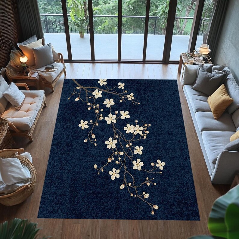 Cherry Blossom Area Rug, Blue Floral Carpet, Sakura Branch Bedroom Decor, Japanese Botanical Living Room Home Interior Accent Decor image 2
