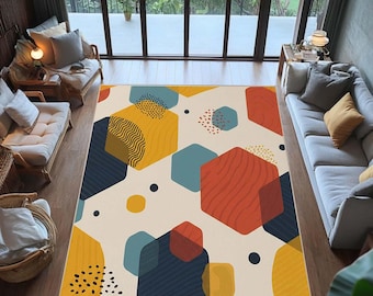 Abstract Geometric Area Rug, Mid Century Modern Rug, Mustard Teal Terracotta Carpet, Retro Boho Living Room Floor Decor, Printed Home Rug