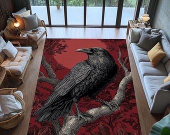 Alfombra gótica de cuervo: cuervo rojo oscuro, marco floral oculto, decoración de brujas