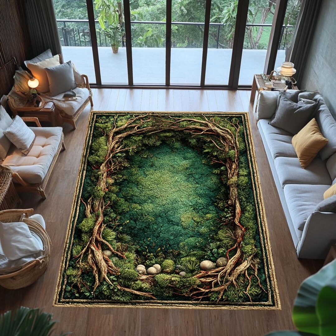 Enchanted Rug Enchanted Forest Moss Area Rug, Botanical Green Frame Design, Nature ...