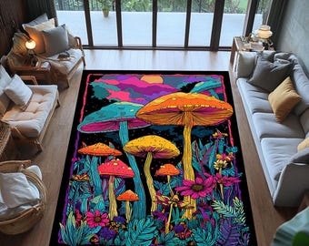 Psychedelic Mushroom Printed Rug – Neon Forest Fantasy Carpet with Trippy Fungi & Colorful Nature Art