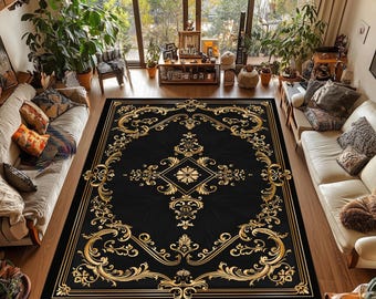 Alfombra barroca de lujo: lavable, con motivos ornamentales en negro y dorado