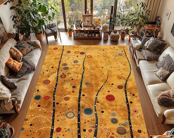 Gustav Klimt Inspired Botanical Rug: Bohemian Floral Art Carpet