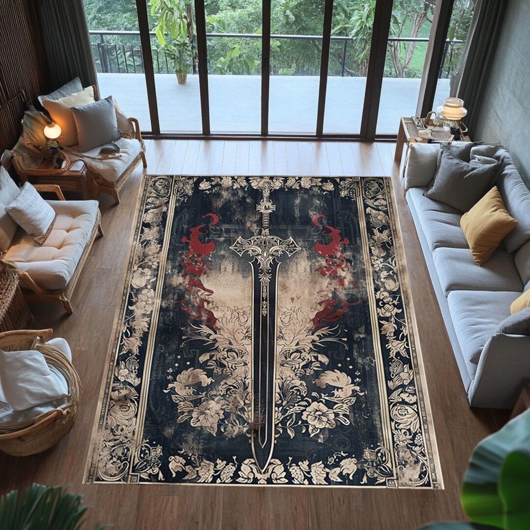 Sword Fish Rug Sword & Flame Gothic Rug: Dark Fantasy Home Decor - Etsy