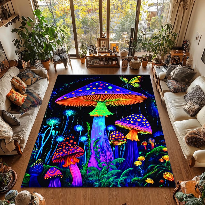 Dywan z psychodelicznym grzybem: neonowy, psychodeliczny wystrój boho zdjęcie 3