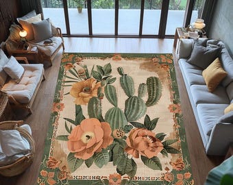 Cactus Floral Area Rug: Boho Botanical Print, Non-Slip Accent Rug