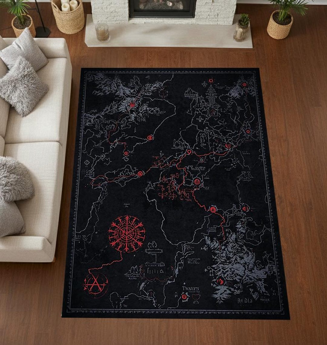 Zelda Inspired Dark Fantasy War Map Rug Black Gothic Hyrule Style Area ...