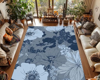 Blue Floral Printed Rug: Elegant Monochrome Flower Design