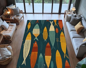 Colorful Fish Rug: Ocean Theme Kids Playroom Coastal Decor
