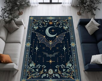 Dark Gothic Rug, Bat and Moon Carpet, Starry Witchcore Mystical Decor for Spirit Room
